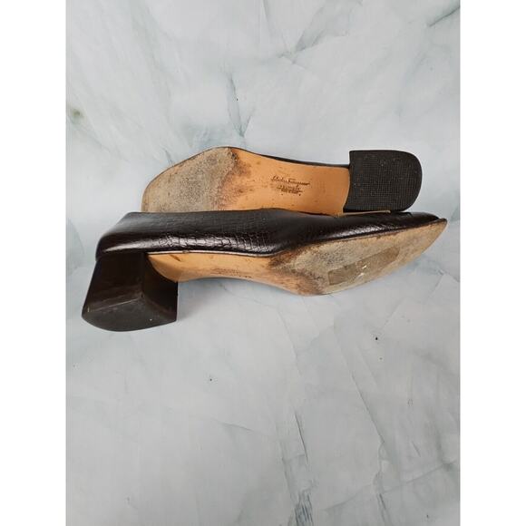 Vintage Salvatore Ferragamo Brown Snakeskin Leather Block Heel Pumps size 9 2A - Picture 10 of 10